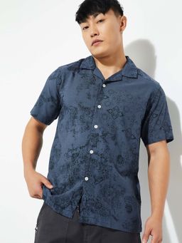 max - Blue Cotton Blend Half Sleeves Regular Fit Collar Neck Printed Shirt