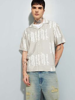 max - Beige Viscose Rayon Half Sleeves Regular Fit Collar Neck Printed Shirt