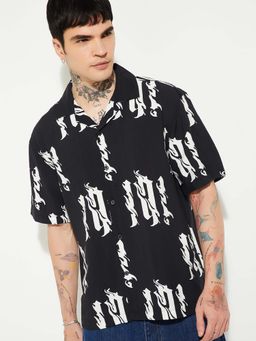max - Black Viscose Rayon Half Sleeves Regular Fit Collar Neck Printed Shirt