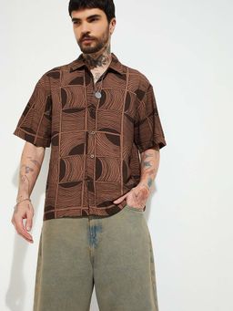 max - Brown Viscose Rayon Half Sleeves Regular Fit Collar Neck Printed Shirt