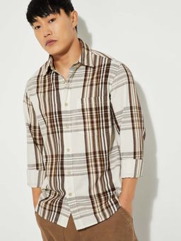 max - Beige Polyester Blend Full Sleeves Regular Fit Collar Neck Stripes Shirt
