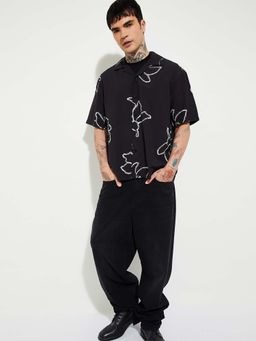 max - Black Viscose Rayon Half Sleeves Regular Fit Collar Neck Printed Shirt