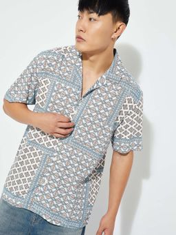 max - Blue Viscose Half Sleeves Regular Fit Collar Neck Printed Shirt