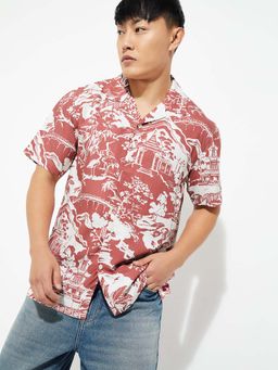 max - Red Viscose Half Sleeves Regular Fit Collar Neck Printed Shirt