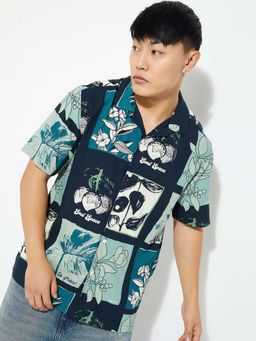max - Blue Viscose Half Sleeves Regular Fit Collar Neck Printed Shirt