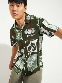 max - Green Viscose Half Sleeves Regular Fit Collar Neck Printed Shirt