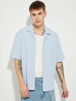 max - Blue Cotton Blend Half Sleeves Regular Fit Collar Neck Textured Shirt