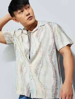 max - Beige Viscose Half Sleeves Regular Fit Collar Neck Self Design Shirt
