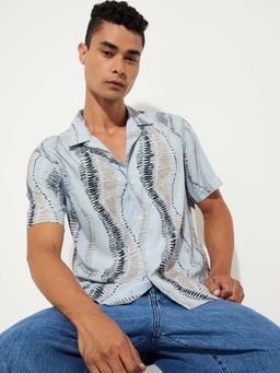 max - Blue Viscose Half Sleeves Regular Fit Collar Neck Self Design Shirt