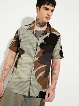 max - Olive Viscose Half Sleeves Regular Fit Collar Neck Self Design Shirt