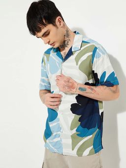 max - Blue Viscose Half Sleeves Regular Fit Collar Neck Self Design Shirt