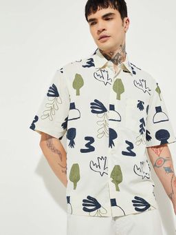 max - White Cotton Half Sleeves Regular Fit Collar Neck Printed Shirt