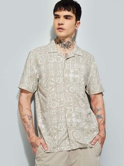 max - Beige Viscose Half Sleeves Regular Fit Collar Neck Printed Shirt