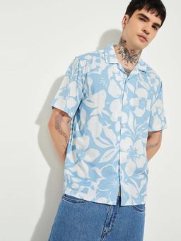 max - Blue Viscose Half Sleeves Regular Fit Collar Neck Floral Shirt