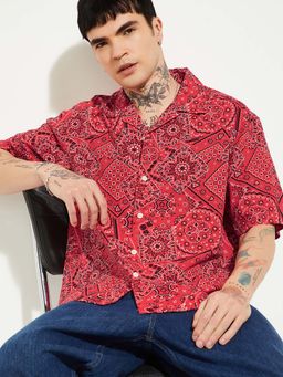 max - Red Polyester Blend Half Sleeves Regular Fit Collar Neck Printed Shirt