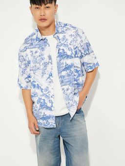 max - Blue Polyester Blend Half Sleeves Regular Fit Collar Neck Printed Shirt