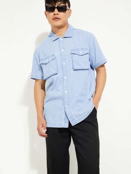 max - Blue Polyester Blend Half Sleeves Regular Fit Collar Neck Solid Shirt