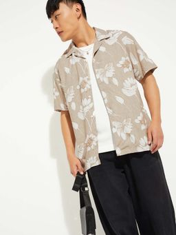 max - Beige Viscose Half Sleeves Regular Fit Collar Neck Floral Shirt