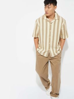 max - Brown Cotton Half Sleeves Regular Fit Collar Neck Stripes Shirt
