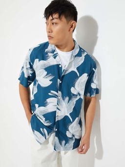 max - Blue Viscose Half Sleeves Regular Fit Collar Neck Floral Shirt