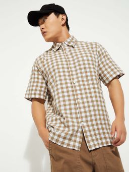 max - Beige Cotton Blend Half Sleeves Regular Fit Collar Neck Checks Shirt