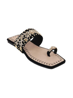 Mochi - Women Beaded Black Slip On Flats