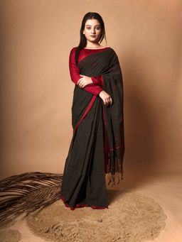 Huts and Looms - Black Cotton Saree with Red Border & Woven Red Heart Motifs Without Blouse