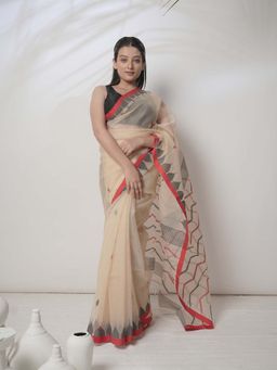 Huts and Looms - Beige Silk Jamdani Handloom Saree with Red Border Without Blouse