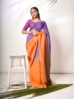 Huts and Looms - Multi Color Ombre Dyed Linen Saree Without Blouse