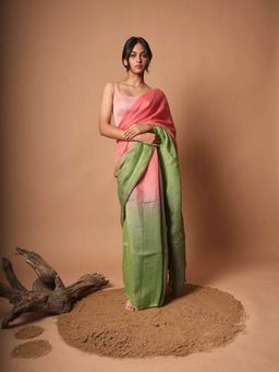 Huts and Looms - Multi Color Solid Handloom Linen Saree Without Blouse