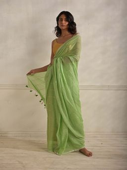 Huts and Looms - Mint Green Mul Cotton Saree with Sequined Lines Without Blouse