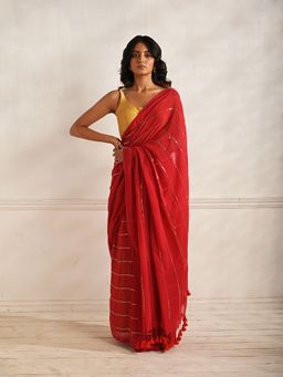 Huts and Looms - Red Mul Cotton Saree with Sequined Lines Without Blouse