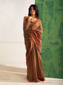 Huts and Looms - Brown Mul Cotton Saree with Beaded Sequins Without Blouse