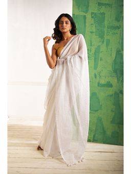 Huts and Looms - White Mul Cotton Saree with Beaded Sequins Without Blouse