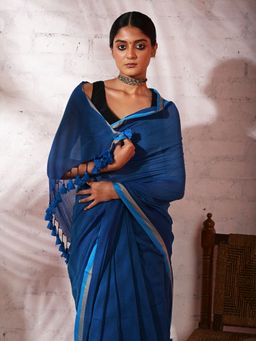 Huts and Looms - Light Blue Handloom Mul Cotton Saree with Silver & Blue Border Without Blouse