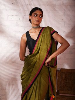 Huts and Looms - Olive Green Handloom Mul Cotton Saree with Pink & Black Border Without Blouse