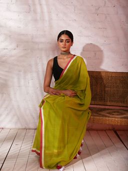 Huts and Looms - Light Green Handloom Mul Cotton Saree with Red & White Border Without Blouse