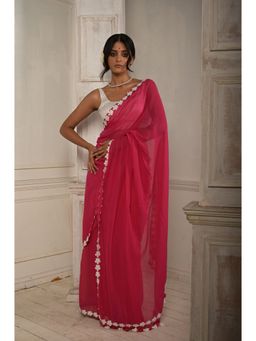 Huts and Looms - Hot Pink Cotton Saree with Lace Floral Embroidered Border Without Blouse