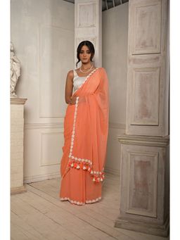 Huts and Looms - Peach Pink Cotton Saree with Lace Floral Embroidered Border Without Blouse