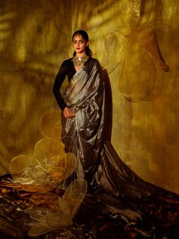 Huts and Looms - Silver Handloom Silk Saree with Handwoven Gold Rose Motifs on Pallu Without Blouse