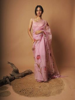 Huts and Looms - Lavender Floral Hand Painted Organza Saree Without Blouse