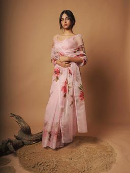 Huts and Looms - Blush Pink Floral Hand Painted Organza Saree Without Blouse