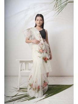 Huts and Looms - White Floral Hand Painted Organza Saree Without Blouse