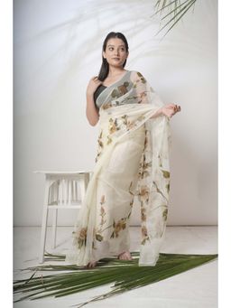 Huts and Looms - Off White Floral Hand Painted Organza Saree Without Blouse