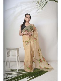 Huts and Looms - Beige Floral Hand Painted Organza Saree Without Blouse