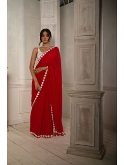 Huts and Looms - Red Cotton Saree with Lace Floral Embroidered Border Without Blouse