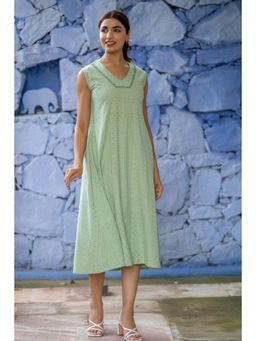 NAVYAS FASHION - Green Thread Work Sleeveless Knee Length Dress