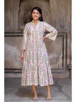 NAVYAS FASHION - White Block Printed V Neck Midi Dress