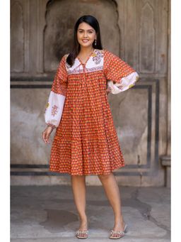 NAVYAS FASHION - Orange Block Printed Flair Knee Length Dress