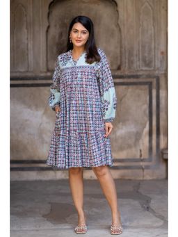 NAVYAS FASHION - Blue Block Printed Flair Knee Length Dress